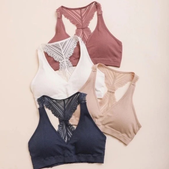 Black Seamless Front Lace Racerback Bralette W/ Removable Padding Bra - Picture 3 of 3